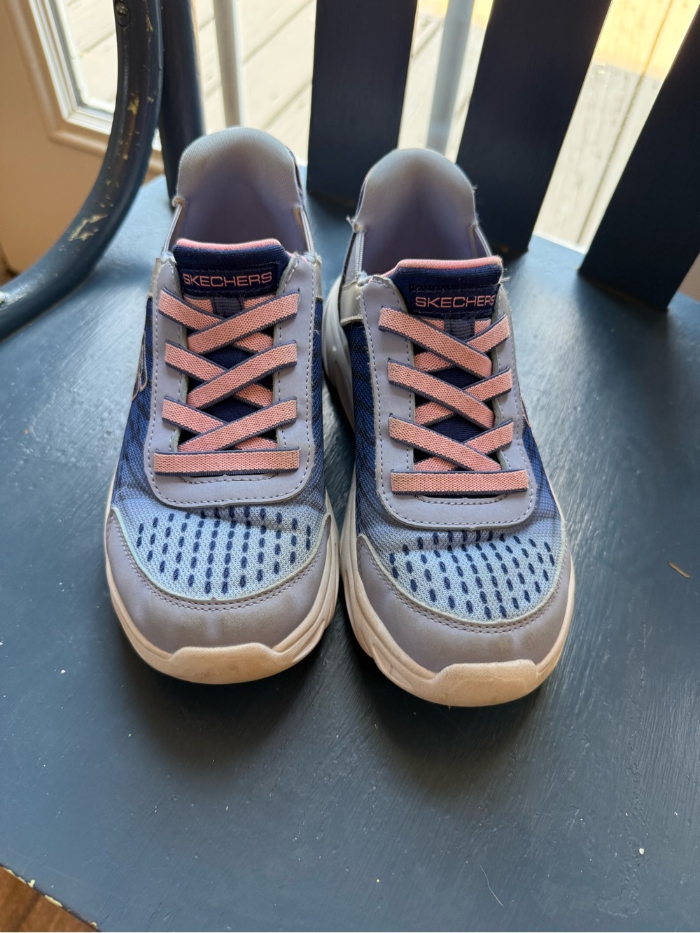 Skechers Girls Blue Mesh Sneakers with Pink Accents